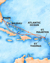 Cruise Map; Miami - Nassau - St Thomas - St Maarten - Miami
