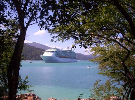 A Voyager class ship anchored in Labadee
